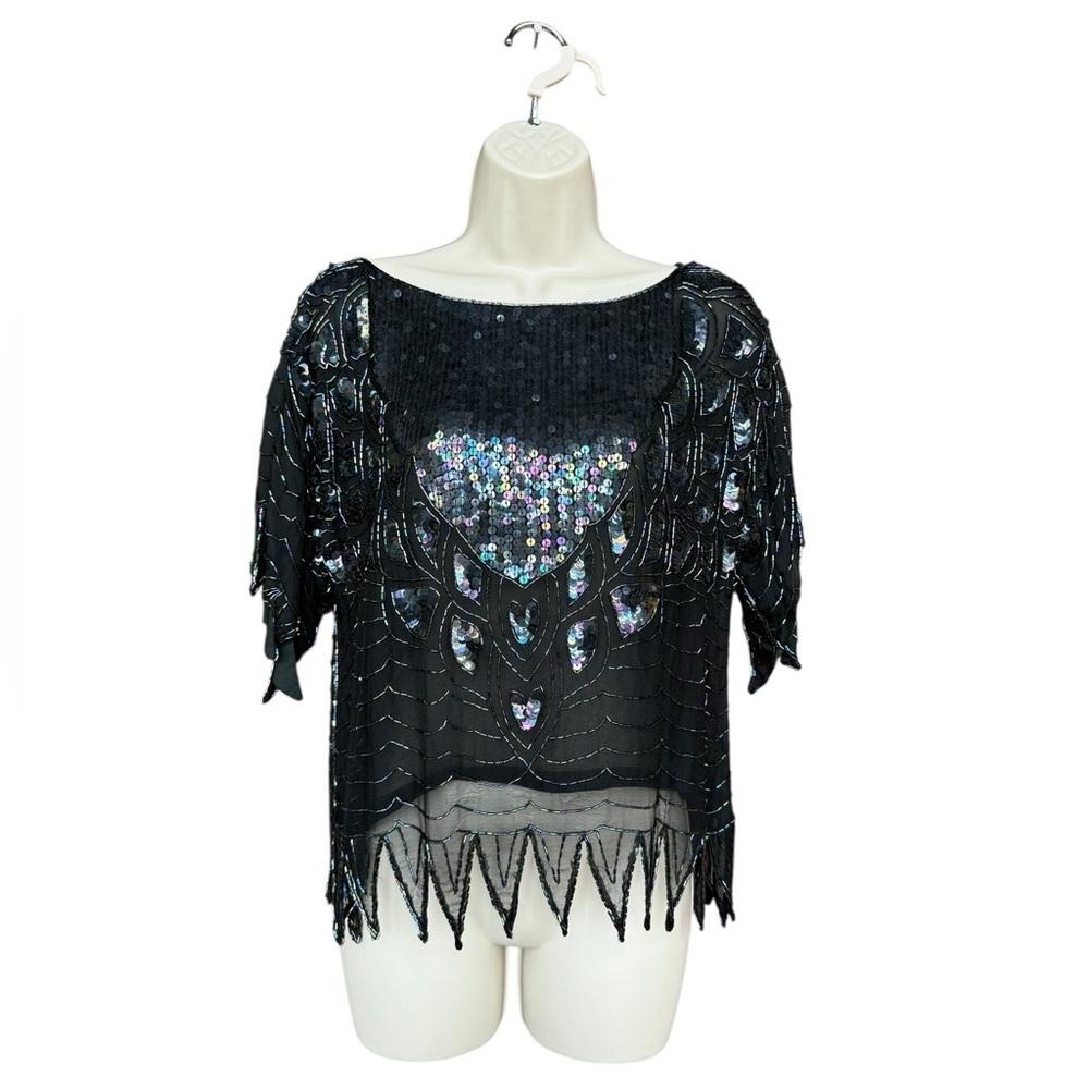 1970s SWEE LO vintage Black Silk Beaded Sequin Iridescent Blouse Shirt Size PM